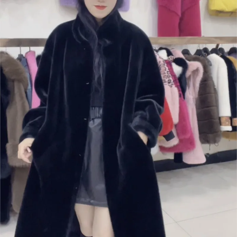 New composite integrated  women's mid-length stand collar loose imitation fur coat