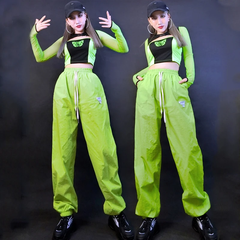 Women\'S Group Kpop Outfit Green Mesh Sleeved Top Cargo Pants Adults Jazz Dance Costume Hiphop Clothing Street Dance Wear SL8881