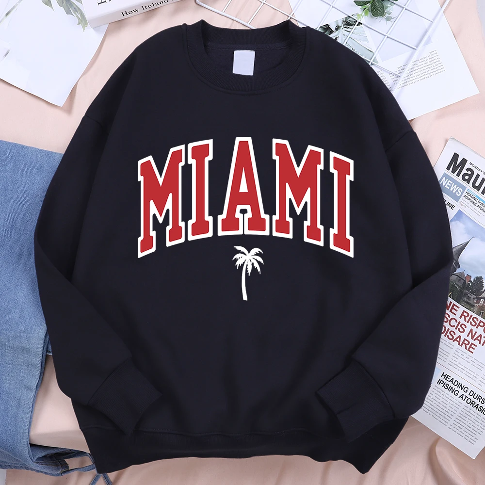 Miami, Usa Coconut Trees, Sunny Beach Male Sweatshirts Hip Hop Fleece Hoody Creativity Loose Hoody Street O-Neck Women Hoodie