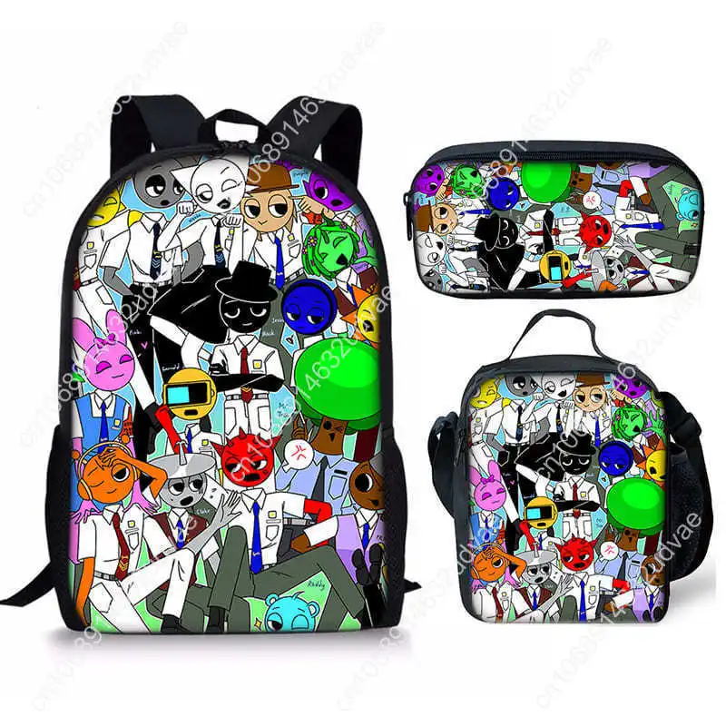 3 Piece Sprunki Backpack Lunch Bag For Students Incredibox Backpack Pencial Bags Hight Capacity Bookbags Sprunki Wenda Mochila