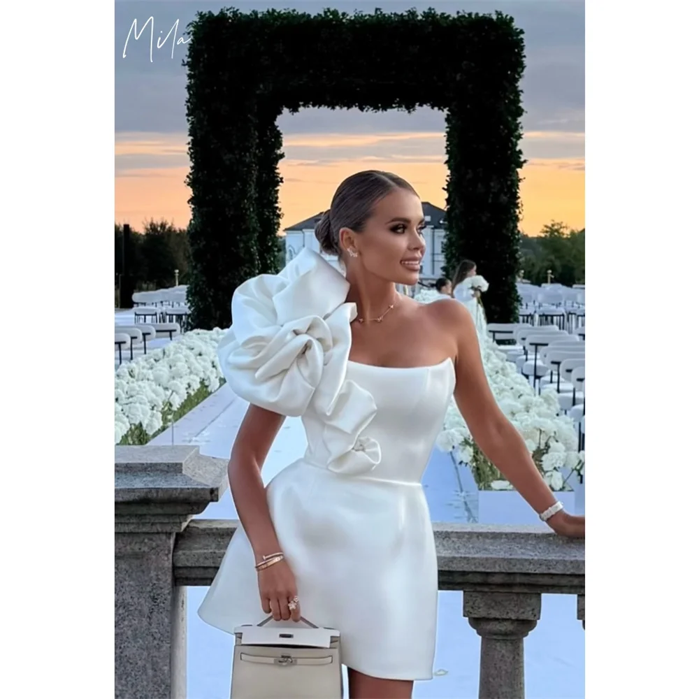 

Mila White One Shoulder Prom Dress Sleeveless 3D Flower Customized Luxurious Women Evening Dresses Satin Mini vestidos de fiesta