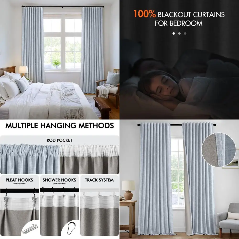 

90 голубых льняных штор со складками, двусторонние затемняющие шторы, комплект из 2 панелей для спальни/гостиной