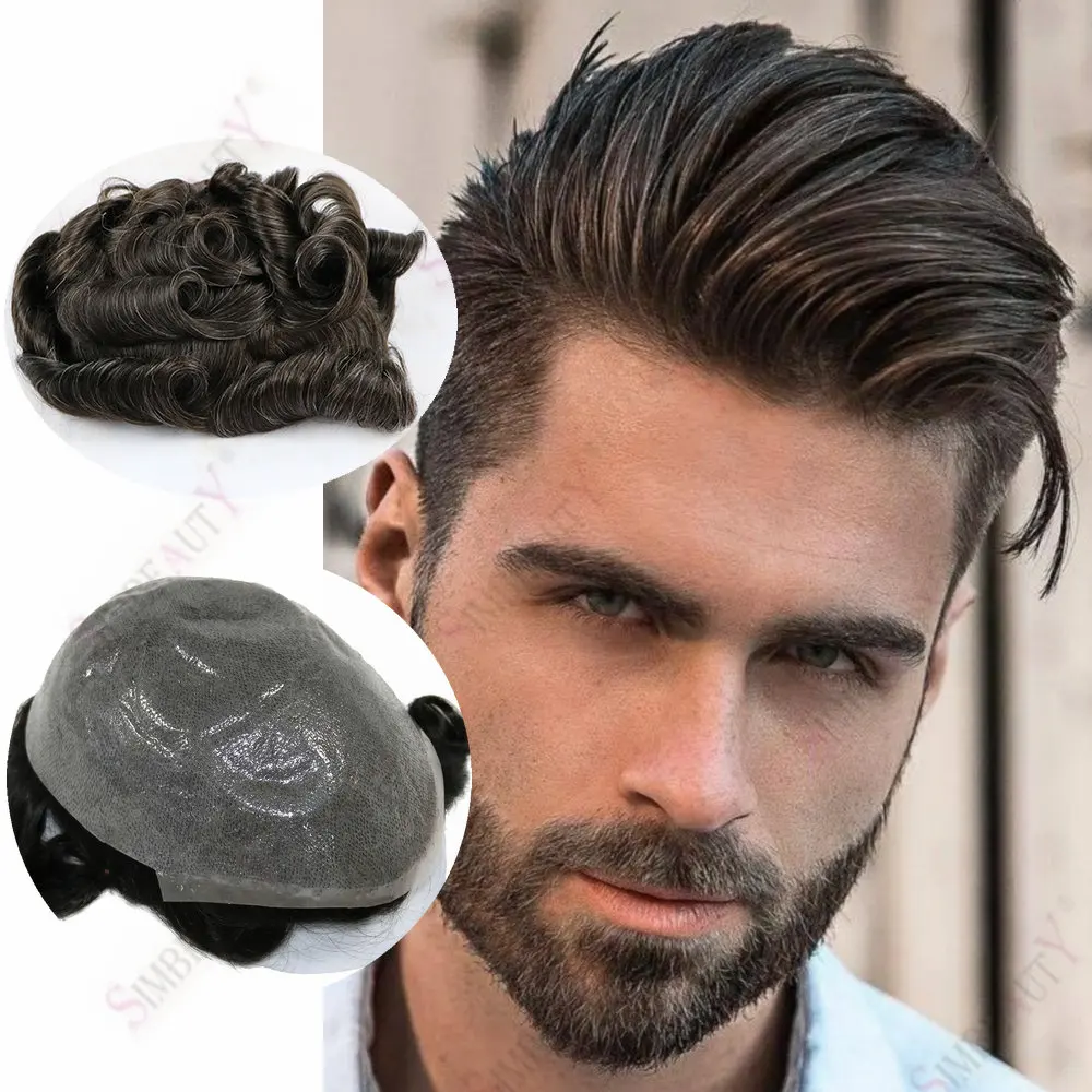 

Invisible Hairline0.04mm-0.05mm Thin Skin Pu Human Hair Men's Toupee Durable Men's Hair Replacement System Grey Black Prosthesis