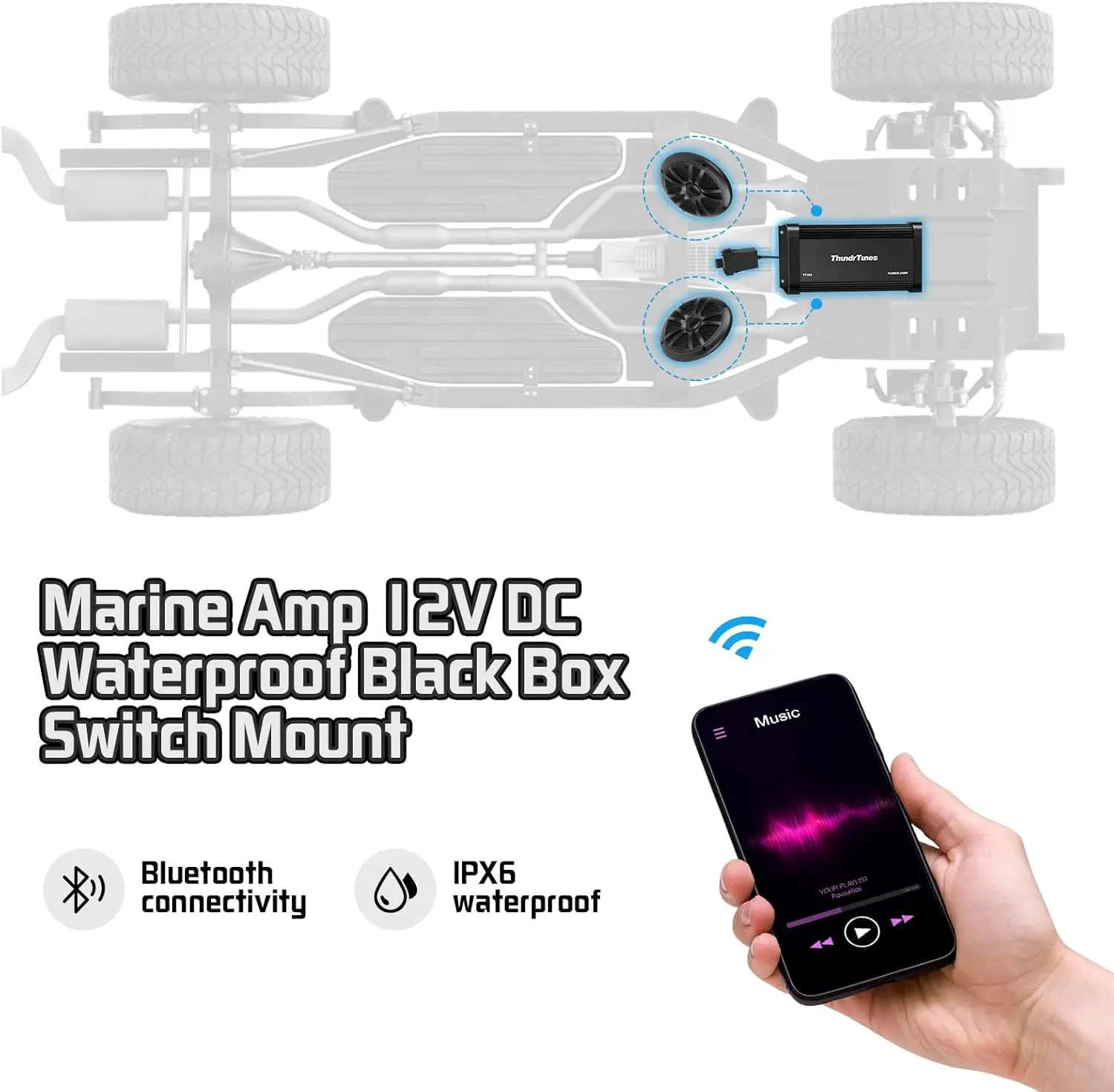 

Bluetooth Amplifier Audio System with 2pcs White Speakers, Class D 60W x 4 CH, Switch Mount, Suitable for Motorcycle, UTV, ATV