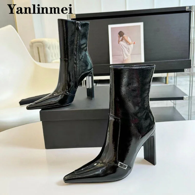 Sexy High Heels Short Boots Women Pointed Toe ZIP Runway Shoes Genuine Leather Modern Boots Black Ankle Boots Woman Botas Mujer