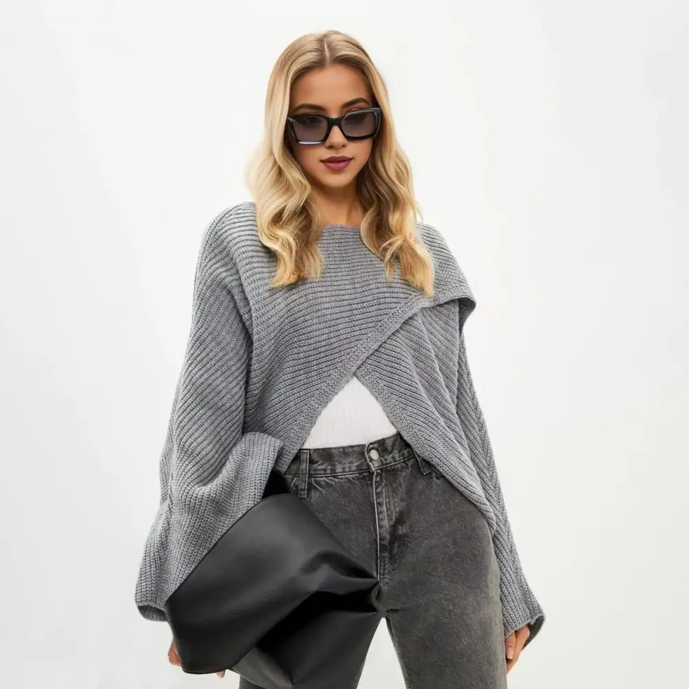 Style Women Sweater Stylish Women's O-neck Batwing Sweater with Irregular Design Loose Fit Knitting Top for Exposed Navel Solid