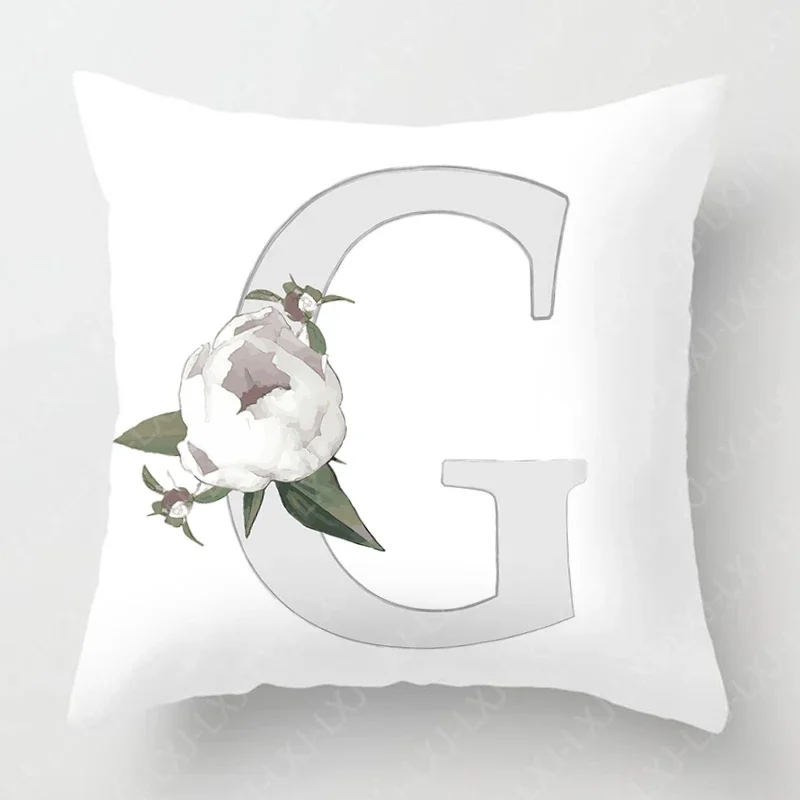 Peony White 26 Alphabet Cushion Cover Alphabet Pillowcase Square Pillowcase Suitable for Bedroom Bed Living Room Sofa Car