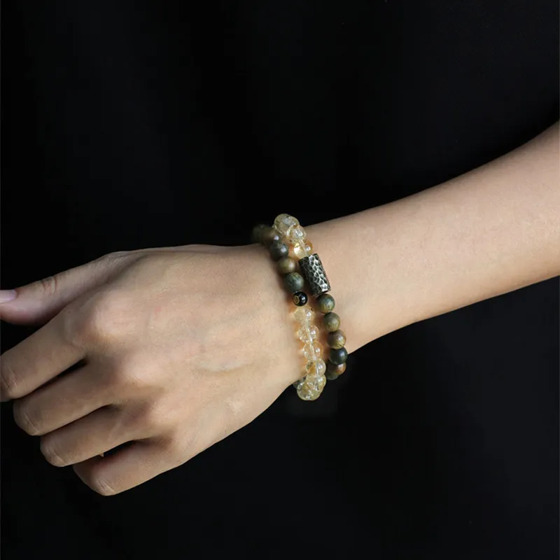 Natural Citrine Bracelets for Women Rutilated Quartz Green Sandalwood Beaded Bracelets Sandalwood Bracelets for Men Gifts