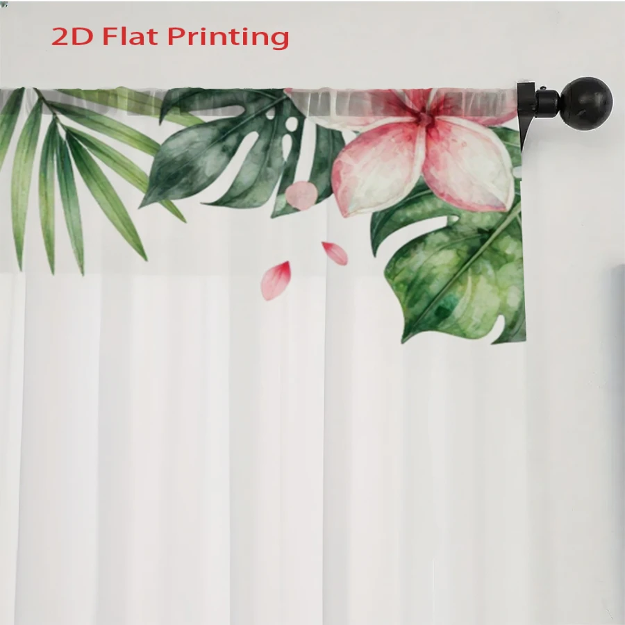 2PCS Digital Print Sheer Curtain, Tropical Green Leaf Pink Flower, Boho Chic Window Curtains for Living Room Bedroom Decor