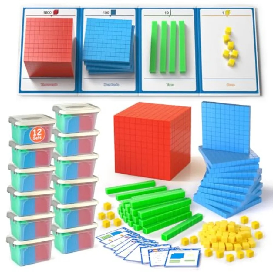 

Base Ten Blocks with Place Value Chart for kindergarten math education: plastic blue and red durable and color-coded for visual