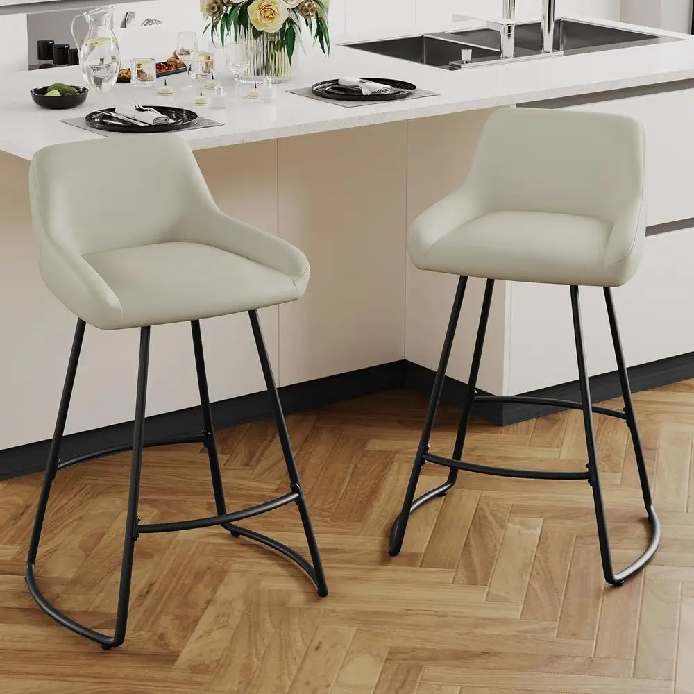 

Leather Counter Height Bar Stools Set of 2, Beige Dining Room Chairs with Back and Metal Legs