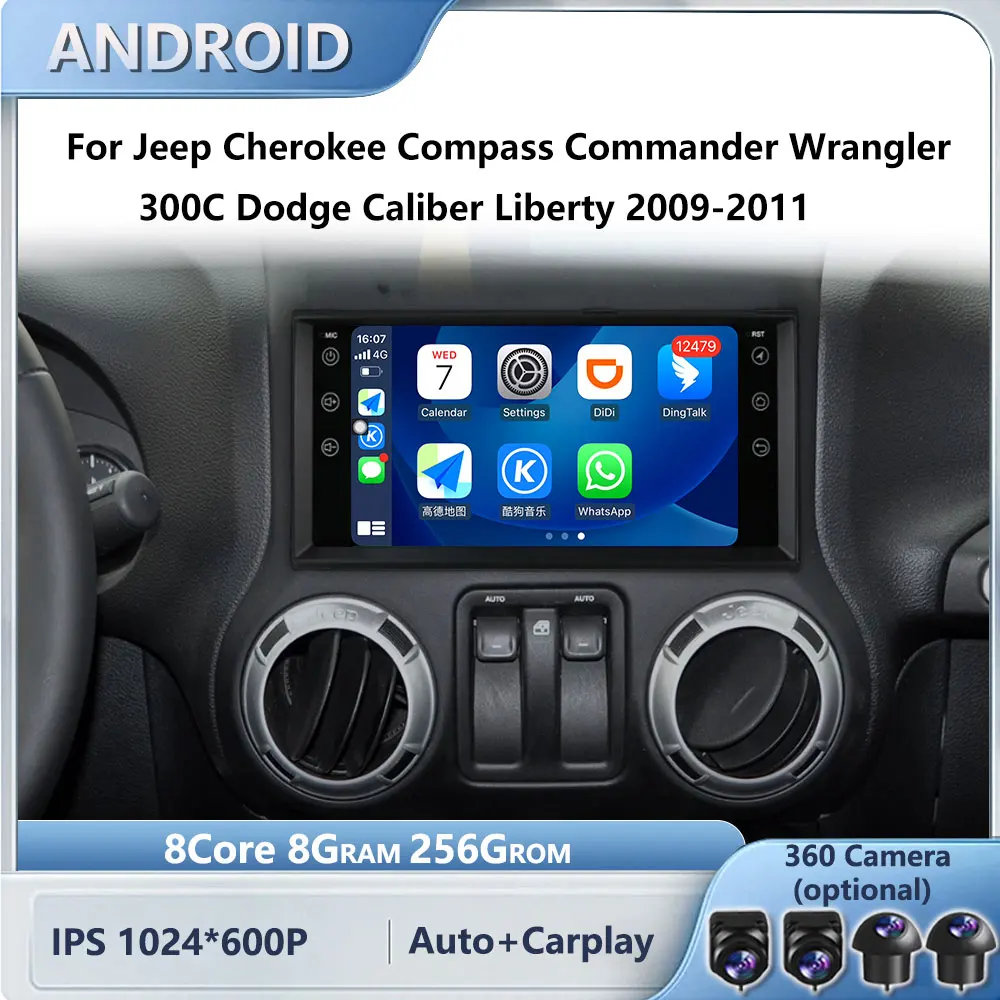 

Carplay 4G 7'' 2 Din Android 14 Car Radio GPS for Jeep Cherokee Compass Commander Wrangler 300C Dodge Caliber Liberty 2009-2011