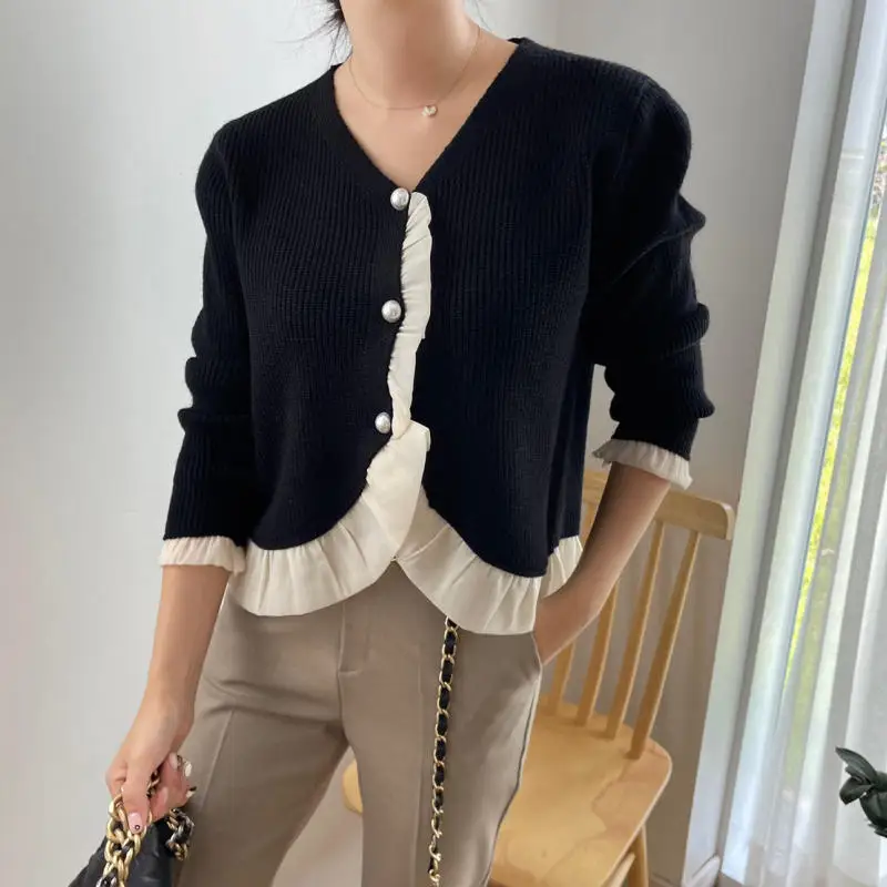 Korean Elegant Women Cardigan Sweater Autumn Winter Ruffles V-neck Long Sleeve Knit Coat Vintage Fashoin Chic Pearl Buttons Tops