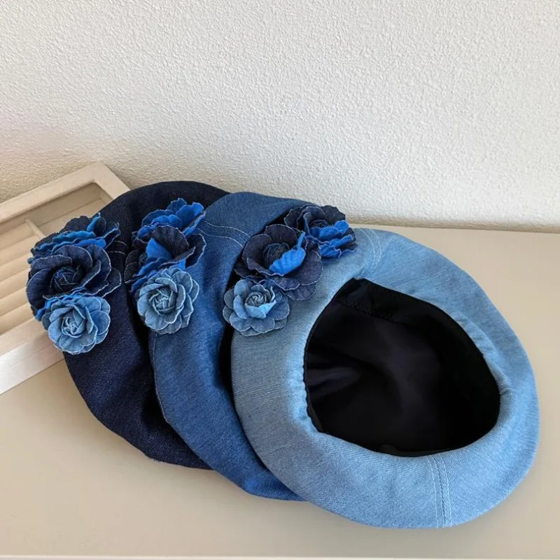 Designer Flowers Embellished Washed Demin Beret Cap for Women Korean Japanese Jean Ivy Irish Flat Boina Painter Hats