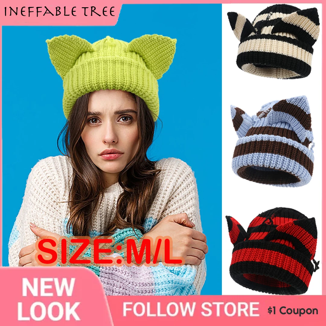 Cat Ear Knit Little Devil Striped Knitted Hats for Women Autumn Winter Thicken Warm Beanie Cap Harajuku Soft Crochet Basin Gorro