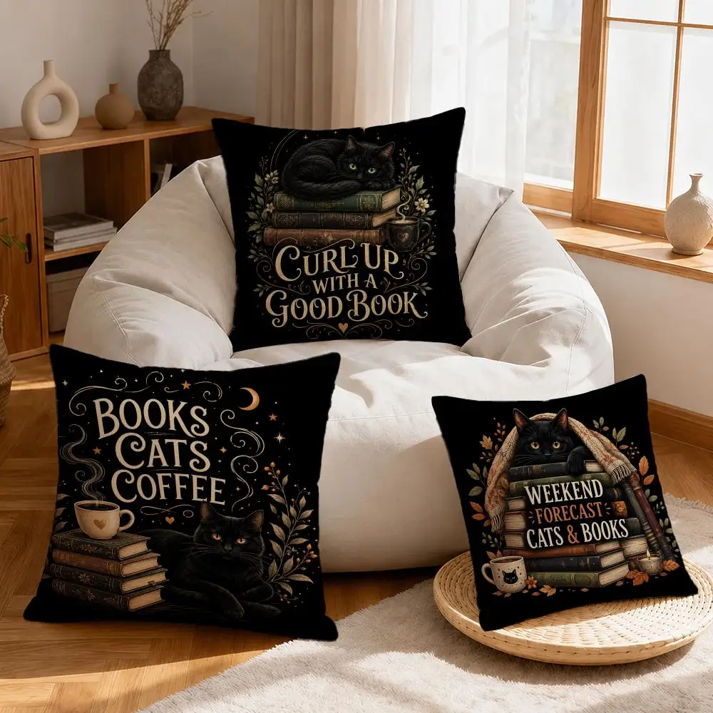 Quote Books Cats Coffee Cushion Cover Linen Anti-Mite Antibacterial Cushion Cover Invisible Zipper Sofa Decor