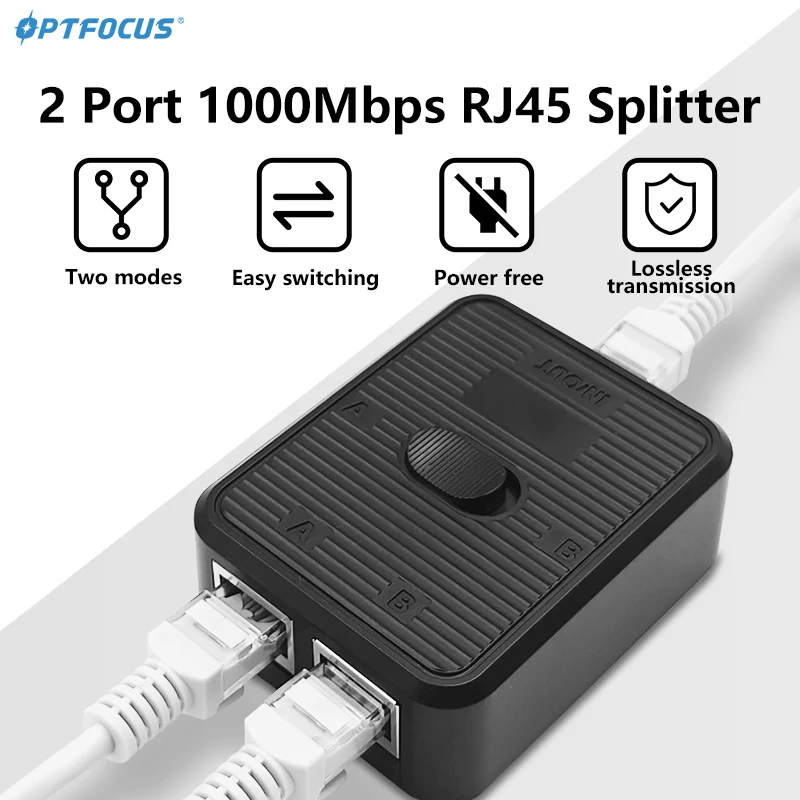 

OPTFOCUS 1000Mbps 2Port Network Splitter CAT 5 6 Lan Connector 1 To 2 RJ45 Cable Selector Extender 2 In 1 Out Ethernet Adapter
