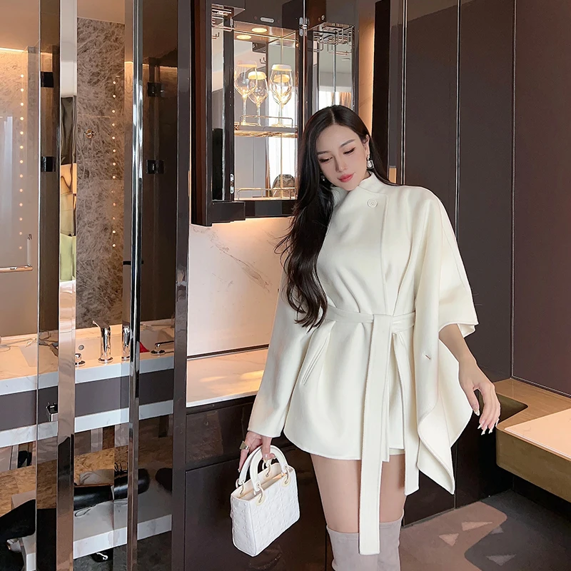 

Ele Double-Sided Woolen Coat Wang Jiujiu Women's Faionable Asymmetrical Cloak Slimming Outerwear Commute Sle Long Sve