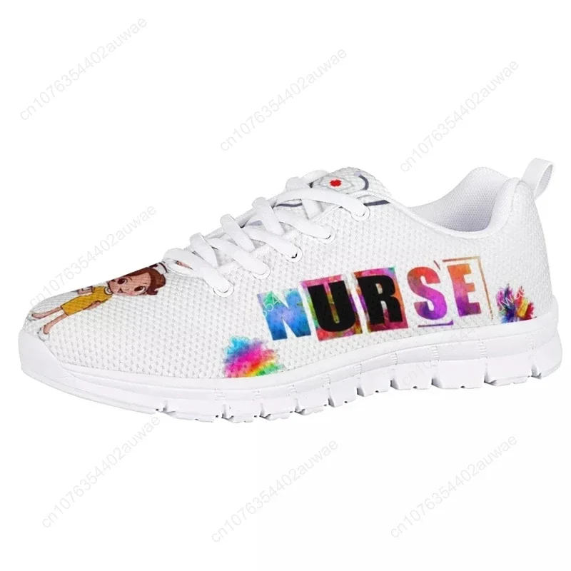 Grappige Cartoon Verpleegster Meisje Patroon Vrouw Flats Schoenen Lente Herfst Mesh Veter Sneaker Vrouwelijke Casual Schoenen Dropship