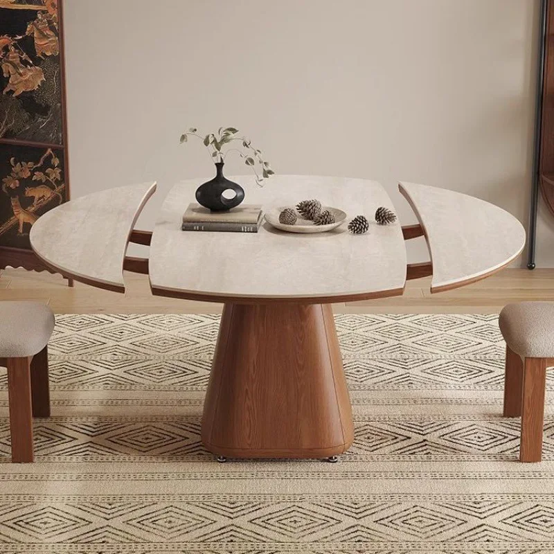 Nordic high-end solid wood dining table, round with turntable household new walnut color family high-end rock slab