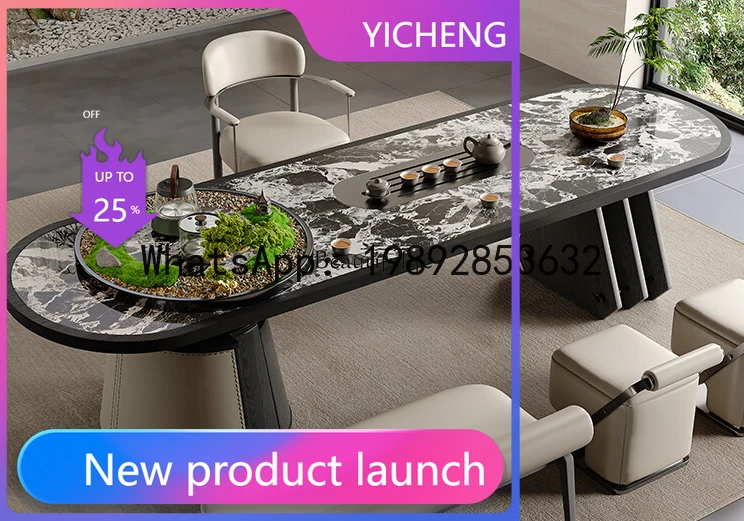 QQ New Chinese rock slab tea table household solid wood tea table designer zen office tea room large board table