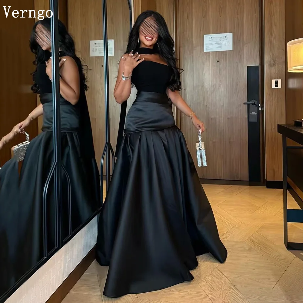 

Verngo Black Satin Evening Dress Strapless A Line Classic Simple Saudi Arabic Prom Gowns Women Formal Party Dress Customized