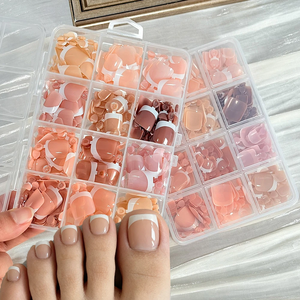

288Pcs/box French Press On False Toe Nail Short Square Glossy Full Cover Fake Toenail Tip Nude Pink White Edge Wearable Toenail