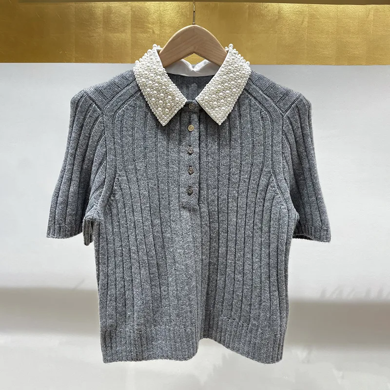

【Gift Free】2026 Spring French Niche Sweet Contrast Color Pearl-Studded Detachable Polo Collar Striped Short-Sleeve Knit Top