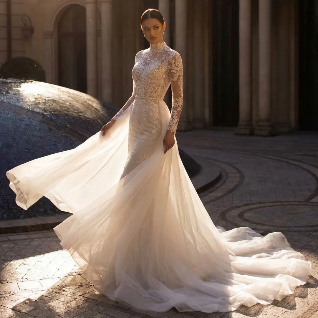 

High Collar Lace Wedding Dresses Long Sleeves Bohemian Bridal Gown Exquisite Sweep Train Beach robe de mariée Customized
