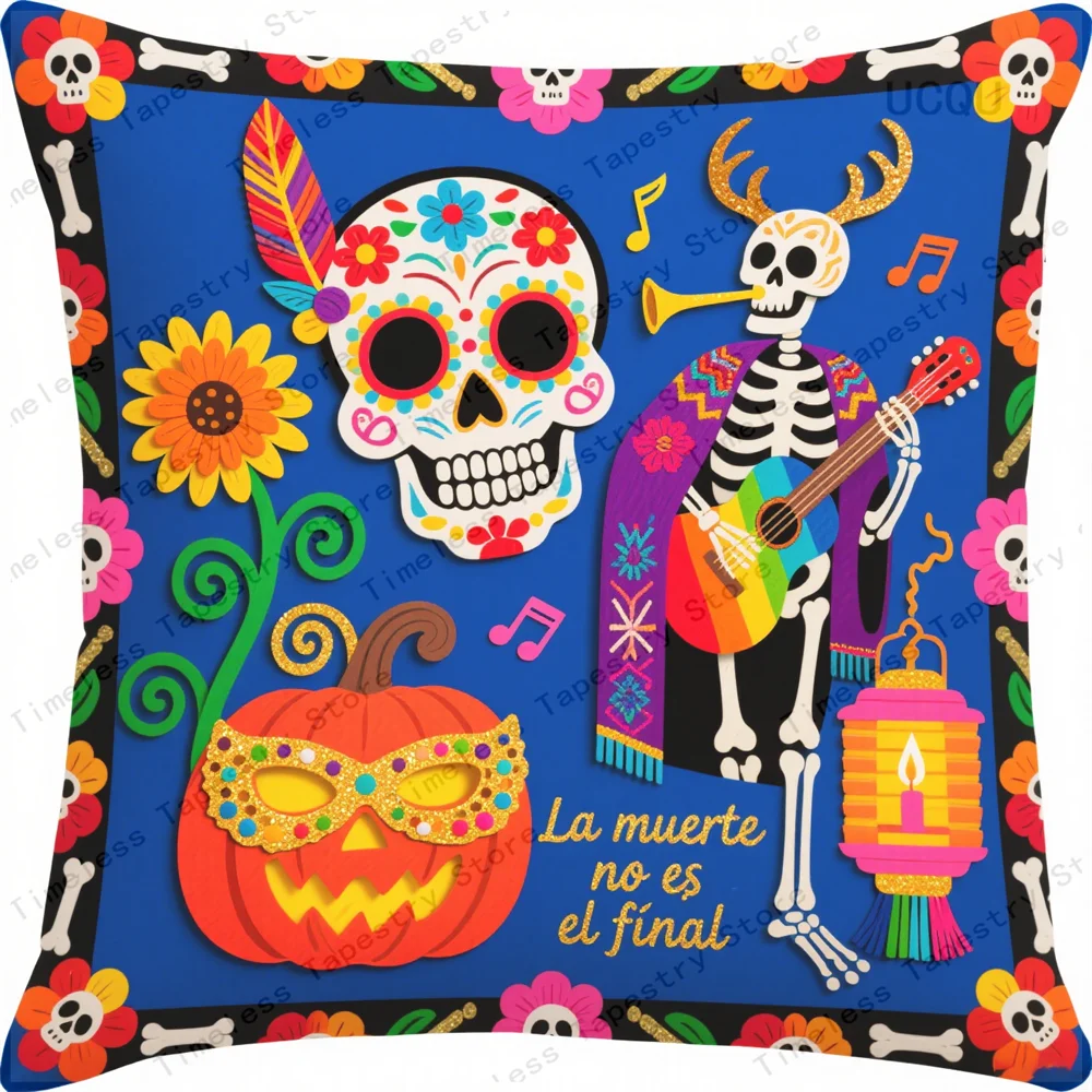 طباعة جمجمة السكر المثيرة لـ Dia De Los Muertos على غطاء وسادة مزخرف ممتع وغطاء وسادة ناعم ومريح