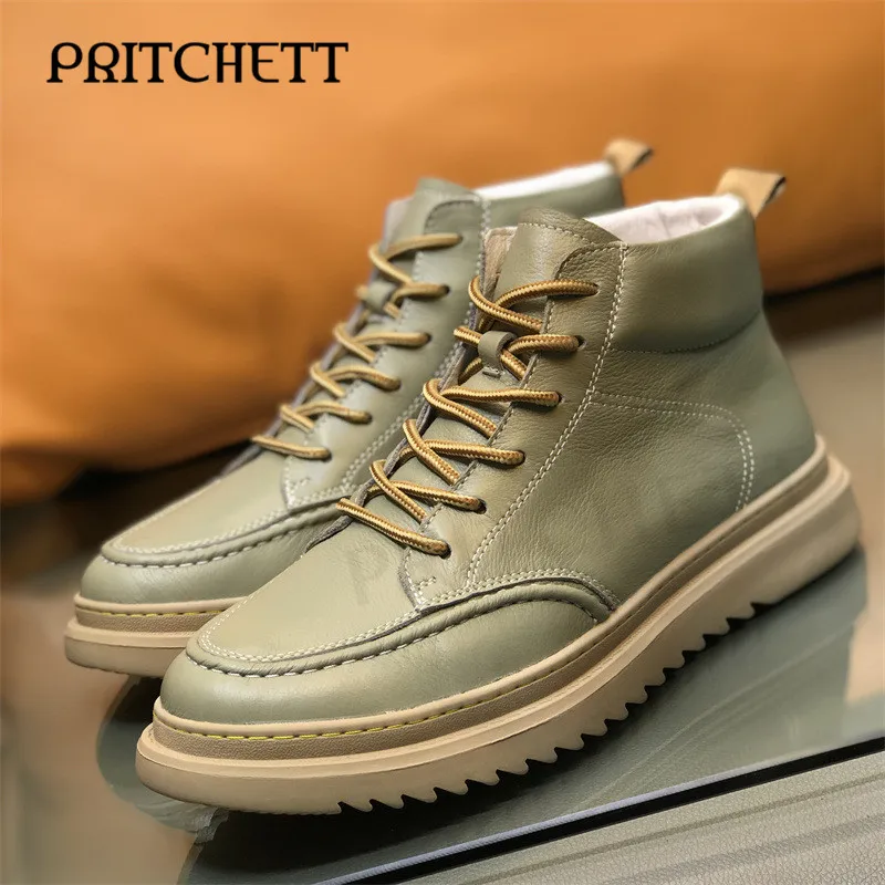 

Multicolor Retro Lace-Up Shoes Round Toe Thick-Soled Genuine Leather Sneakers Fashionable Casual and Comfortable Men's Shoes