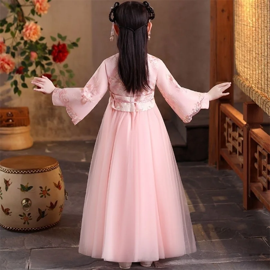 Vestido Floral Hanfu de estilo chino para niña, traje Tang, traje de actuación de baile en escenario Hanfu de manga larga para primavera y otoño