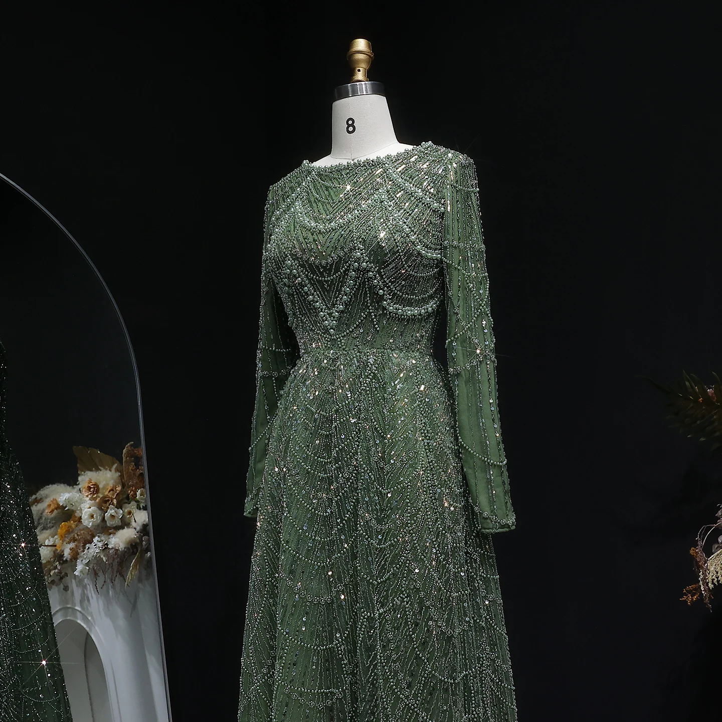Sharon Said Luxuriöses Dubai-Abendkleid mit grünen Perlen und langen Ärmeln, Saudi-Arabisches Damen-Hochzeitskleid, formelle Partykleider SS625, maßgeschneidert – Detail 10