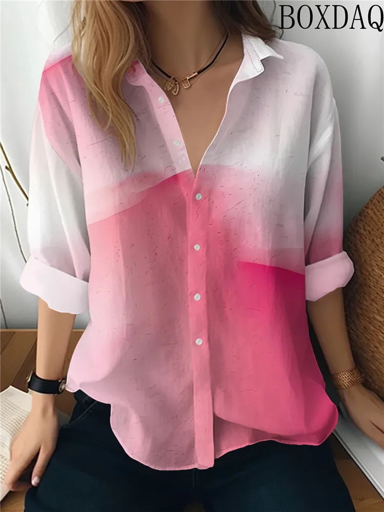 Fashionable Women's Long Sleeved Lapel Blouse Loose Gradient Tie Dye Print Autumn Commuting Shirts Daily Women's Top