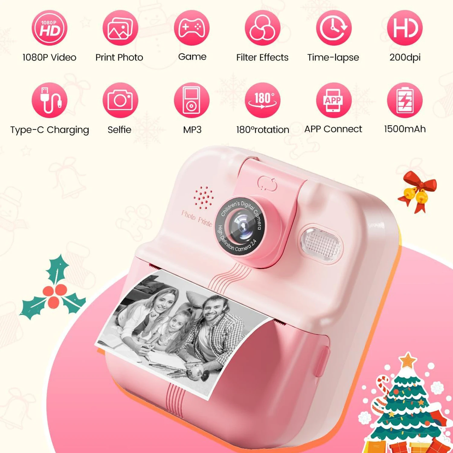 Bluetooth crianças câmera de impressão instantânea foto 1080p mini câmera da criança para meninos meninas diy brinquedos de impressão instantânea com cartão sd 32g