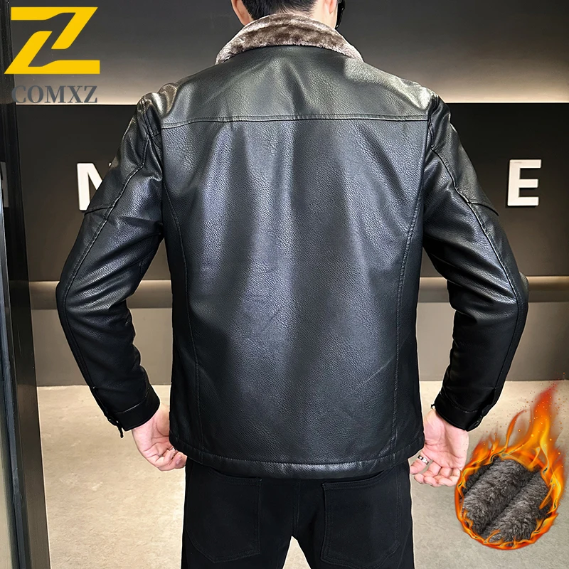 COMXZ الشتاء الرجال سترة جلدية مبطنة بالصوف الفاخرة المشي لمسافات طويلة معطف جلد دافئ الترفيه الأعمال ترتيب الأسرة طوق معطف تنوعا ق #6