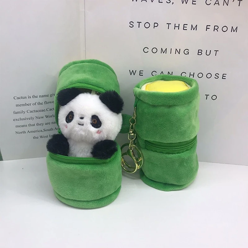 Plush Panda Bamboo Tube Keychain Cartoon Panda Doll And Bamboo Tube Keyrings Pendants Lovely Panda Doll Key Chain Hanging