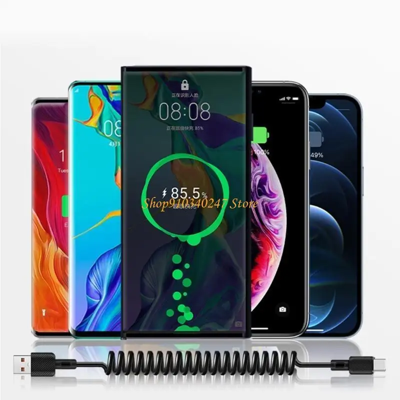 Q22A Spring Enrollado USB a USB C Cable datos Cable carga rápida Línea cable carga para oficinas domésticas