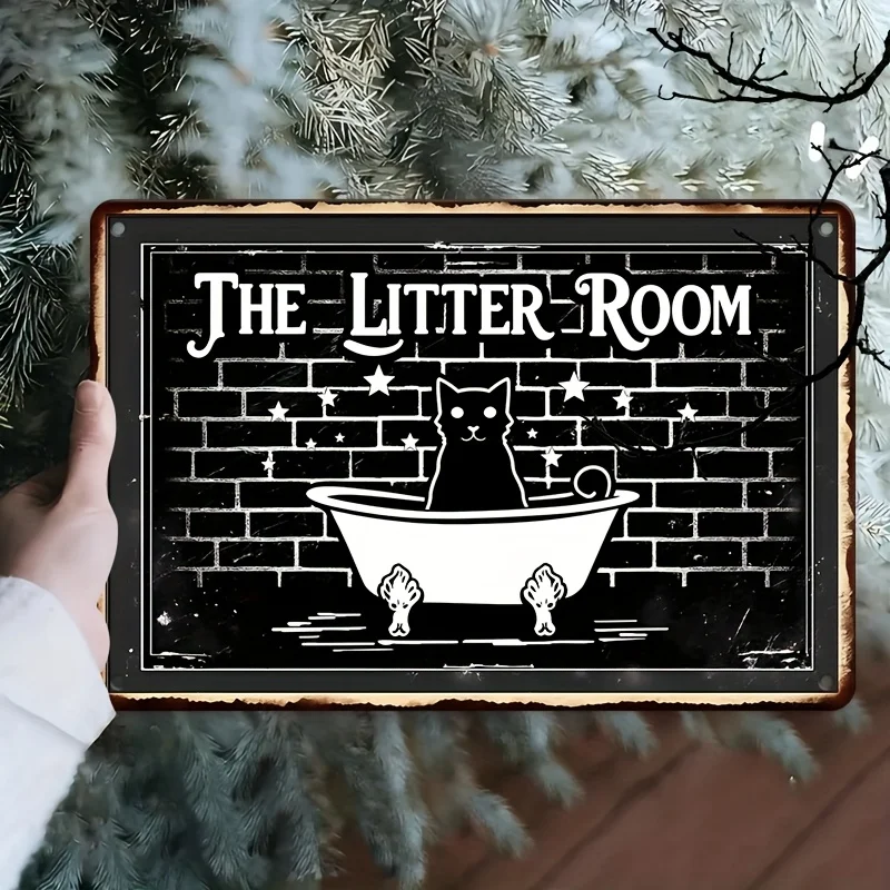 Cat Litter Room  Printing   Iron Sign - Whimsical Black & White Illustration of Cat in Bathtub, for Bathroom, Pet Room,