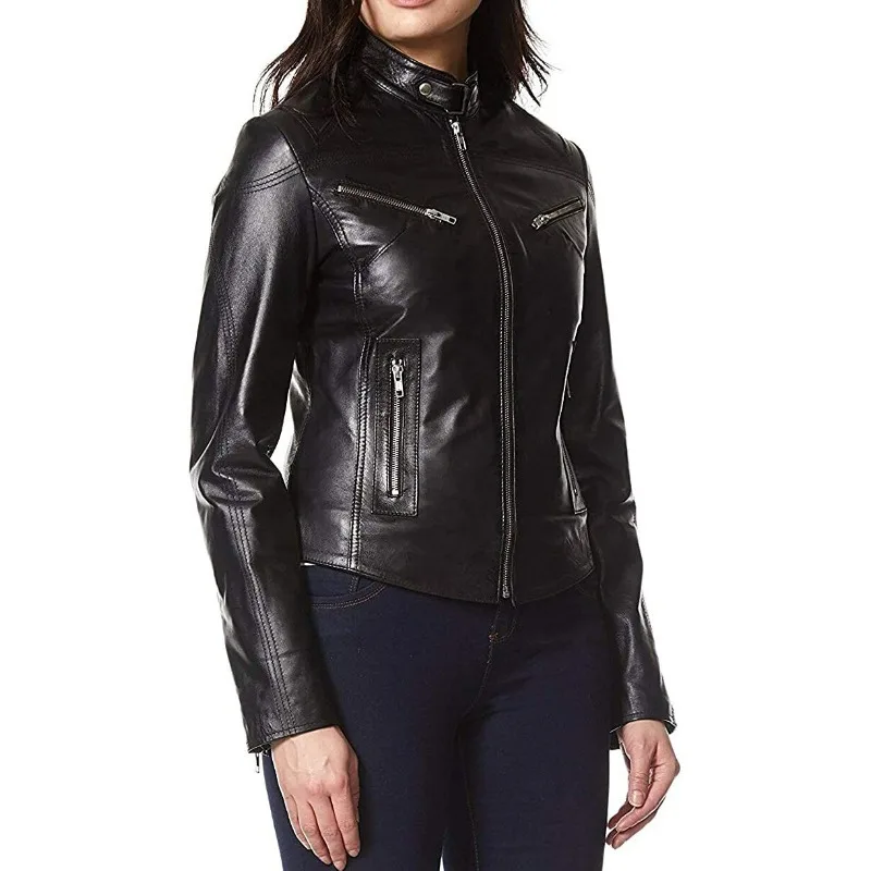 Basic Women Genuine Lambskin Real Leather Jacket Biker Black Modern Stylish Coat