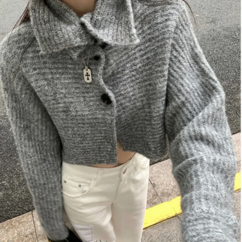 

Однобортные джемперы, женские свитера с отложным воротником, вязаный кардиган, короткое пальто, свитер с длинными рукавами и пуговицами, повседневная осень