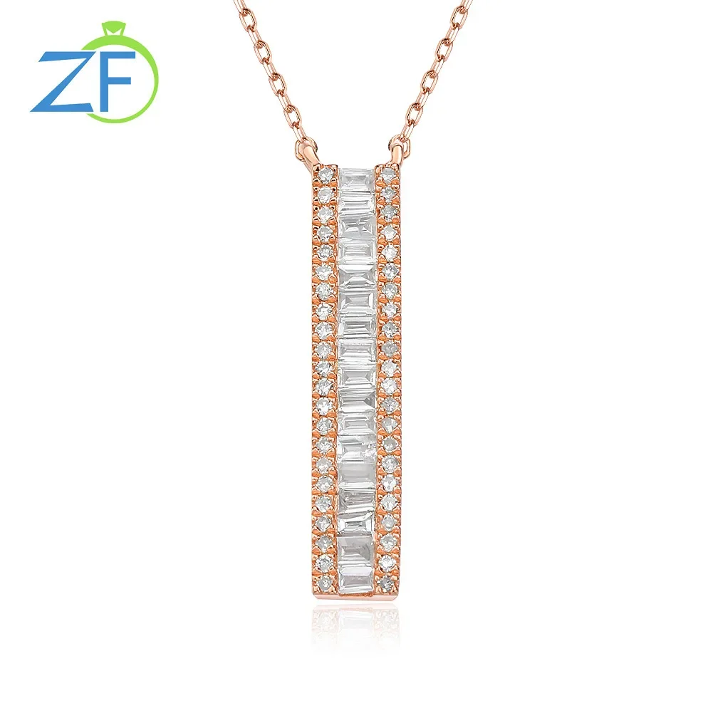 GZ ZONGFA Natural 0.4ct Diamond Rectangle Pendant Necklace  For Women Pure 925 Sterling Silver 14k Rose Gold Plated Fine Jewelry