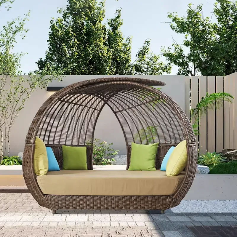 

Luxury Brown Poolside Wicker Daybed Sunbed Furniture Outdoor Beach Aluminum Rattan Round Chaise Lounge Day Bed