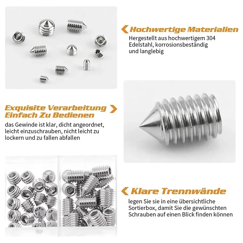 240-teiliges Edelstahl-Innensechskantschrauben-Set M3/M4/M5/M6/M8 Gewindestifte mit Kegelspitze & Konischem Ende Langlebige Befestigungselemente – Detail 5