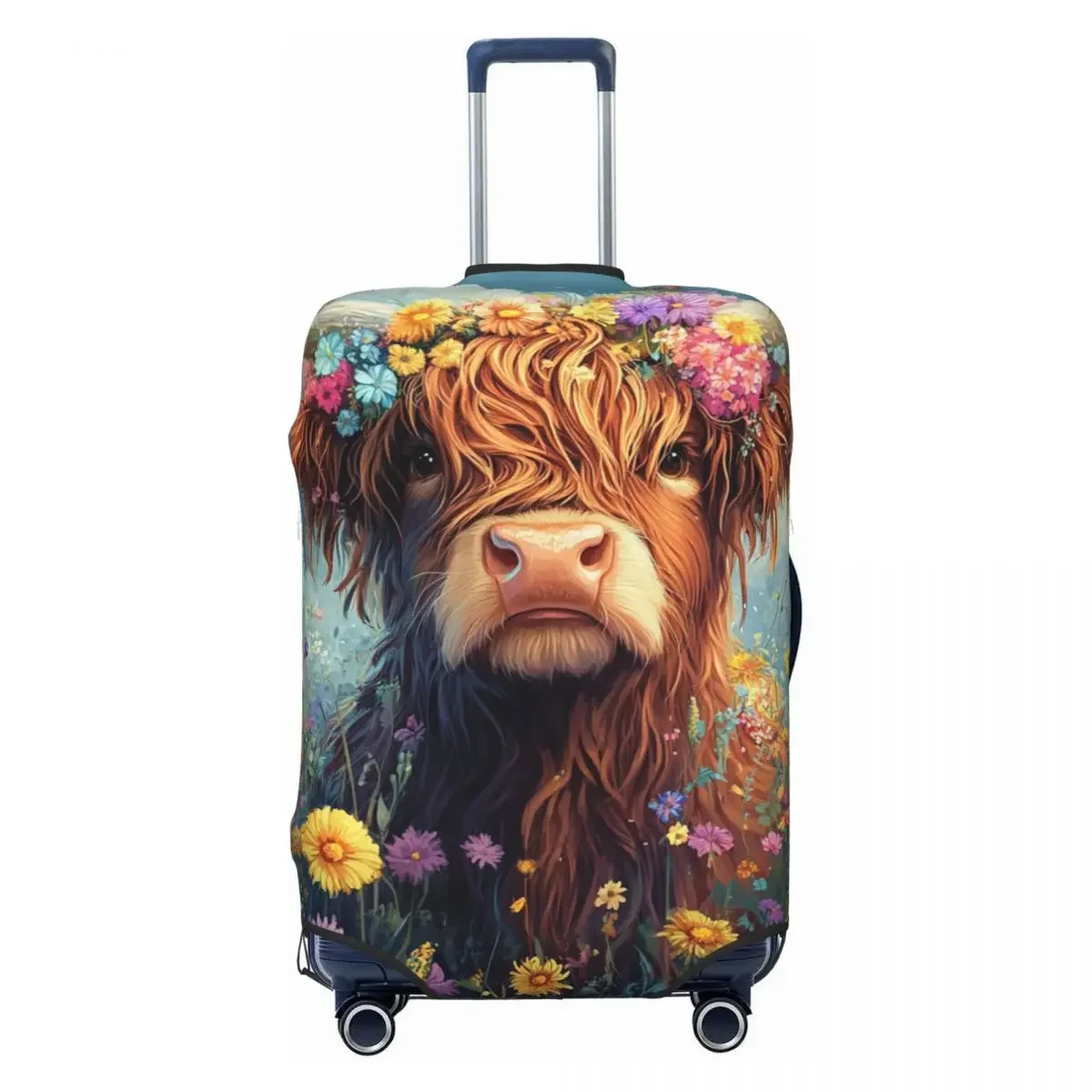 

Custom Highland Cow And Flower Suitcase Cover Elastic Travel Luggage Covers for 18-32 inch