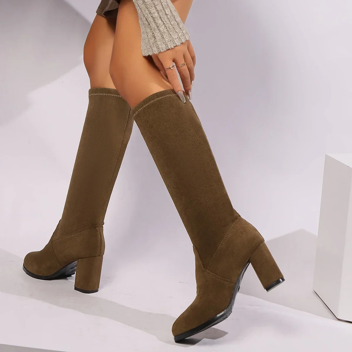 Women's High Heel Knee High Boots Retro Pointed Toe Chunky Heel Thigh High Boots for Women Heeled Shoes Dress Women's Long Boots