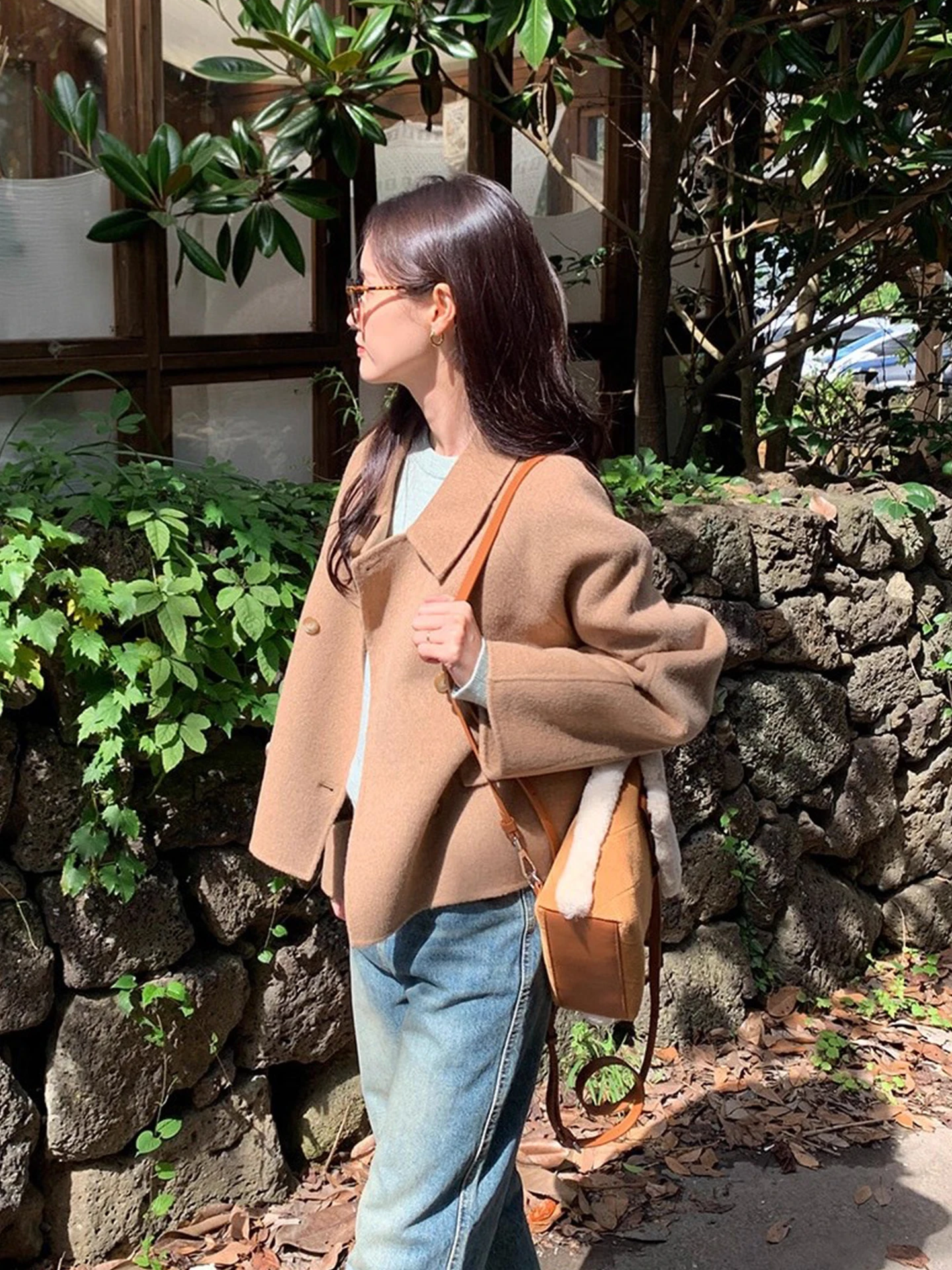 Chic Autumnal Soft Elegance Turn-down Collar Double-breasted Loose Versatile Long Sve  Color Woolen Coat for Women