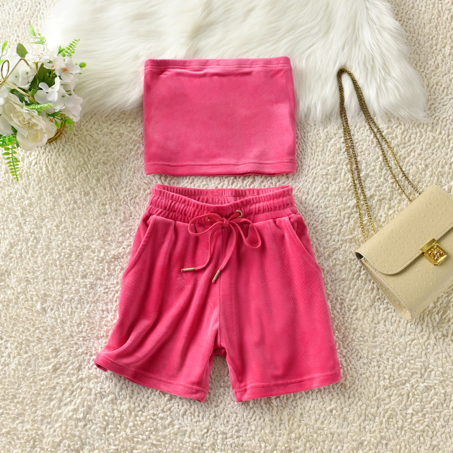 

Summer Women's Hot And Sexy Women's Strapless+Shorts Diamonds Velvet Fashion 2-Piece Set