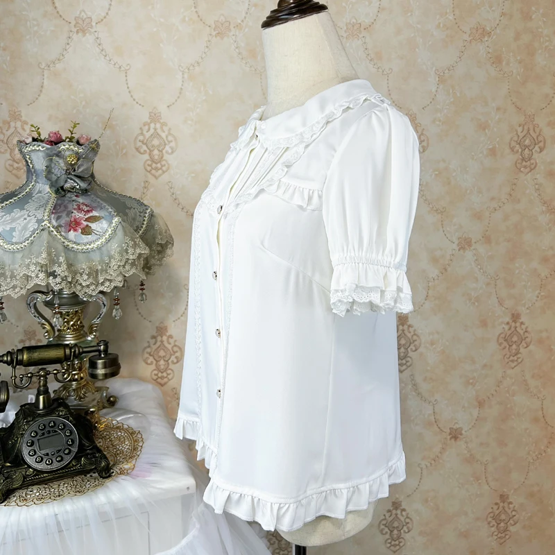 Fashion Lolita Doll Collar Lace Shirts 2024 Summer Short Sleeve Sweet Girl Solid Color Tops Feminine Single Row Multi-Buckle Top