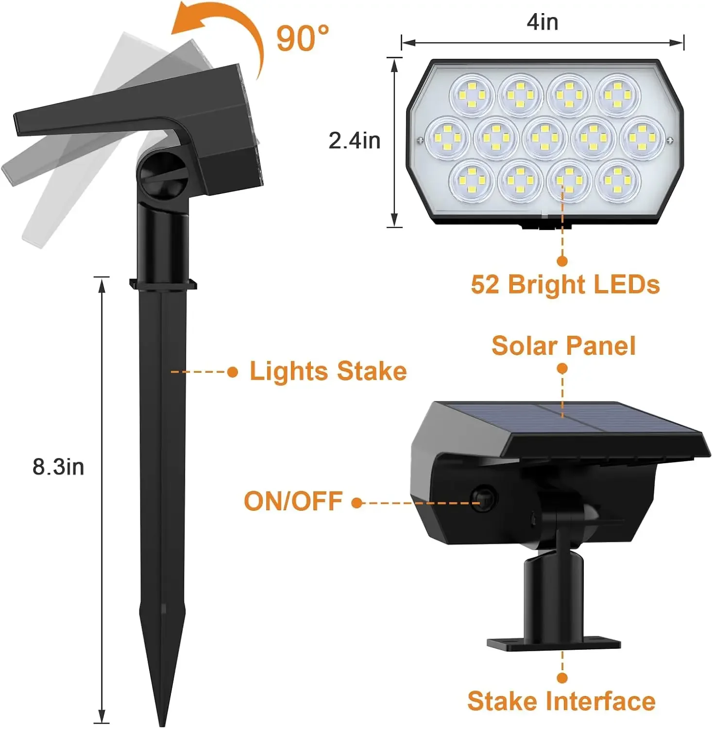 52 LED-Solarstrahler für den Außenbereich, IP65, wasserdicht, mit 3 Modi, Landschaftsbeleuchtung für Gehweg, Hof, Garten – Detail 1